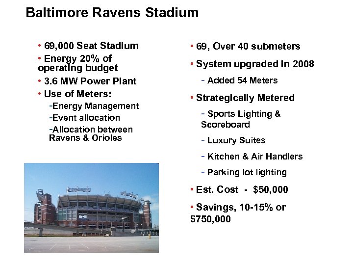 Baltimore Ravens Stadium • 69, 000 Seat Stadium • Energy 20% of operating budget