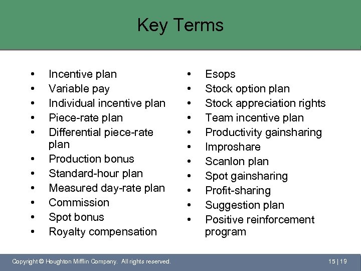 Key Terms • • • Incentive plan Variable pay Individual incentive plan Piece-rate plan