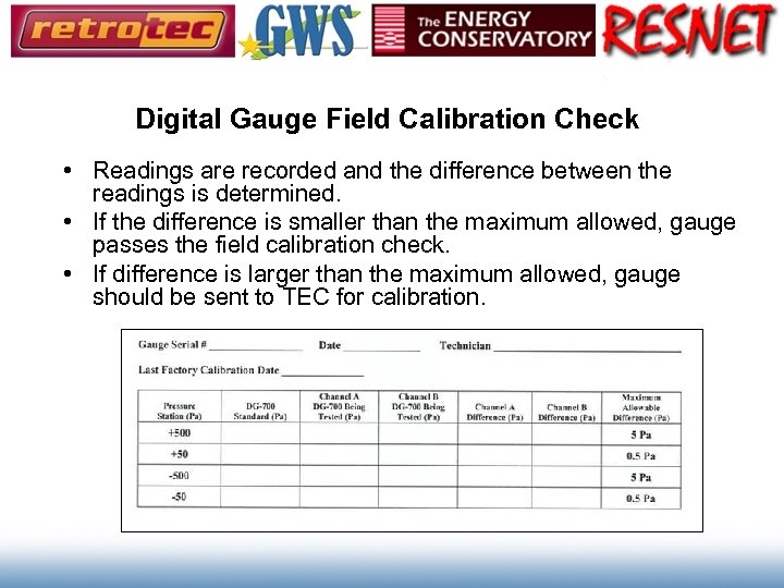Digital Gauge Field Calibration Check • Readings are recorded and the difference between the