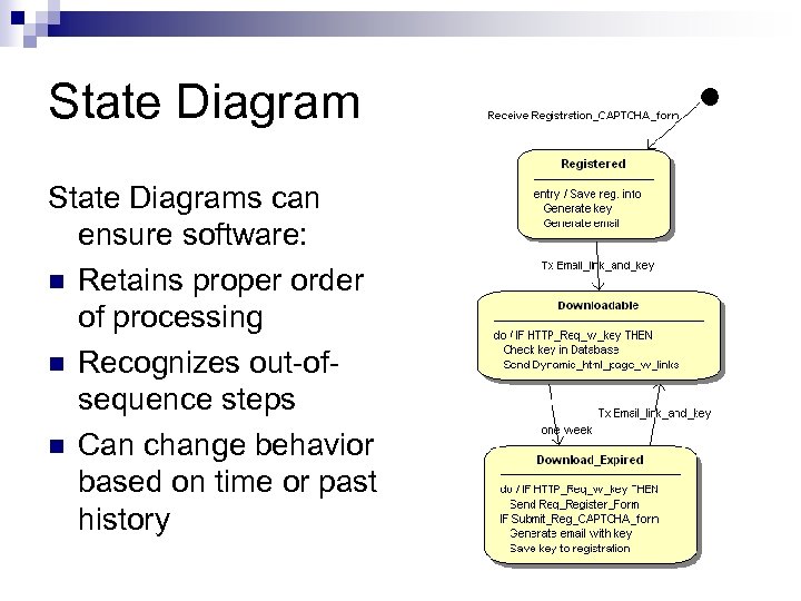 State Diagrams can ensure software: n Retains proper order of processing n Recognizes out-ofsequence