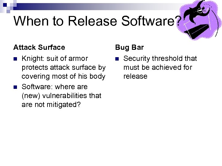 When to Release Software? Attack Surface n n Knight: suit of armor protects attack