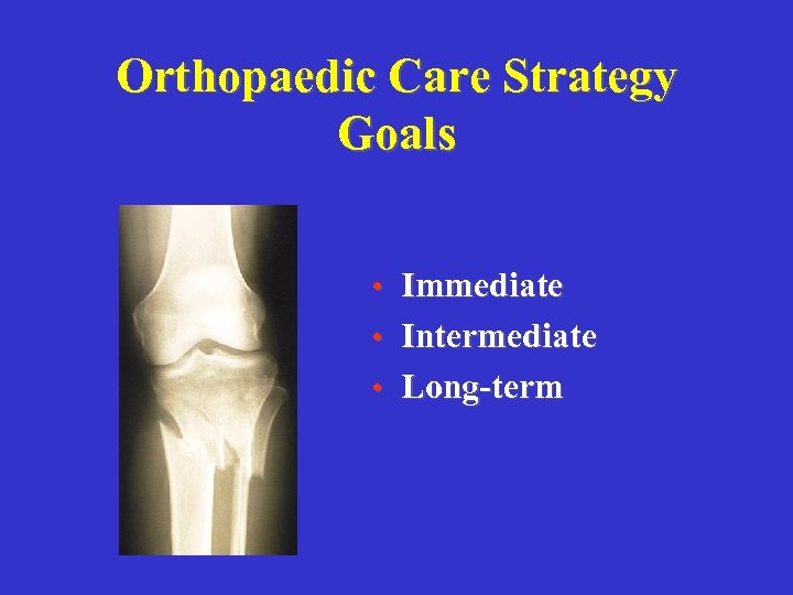 Orthopaedic Care Strategy Goals • Immediate • Intermediate • Long-term 