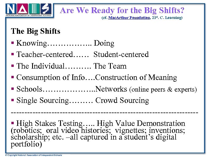 Are We Ready for the Big Shifts? (cf. Mac. Arthur Foundation, 21 st. C.