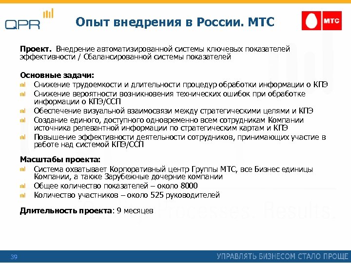 Опыт внедрения в России. МТС Проект. Внедрение автоматизированной системы ключевых показателей эффективности / Сбалансированной