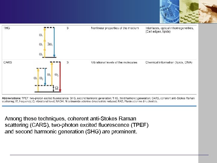 Among these techniques, coherent anti-Stokes Raman scattering (CARS), two-photon excited fluorescence (TPEF) and second