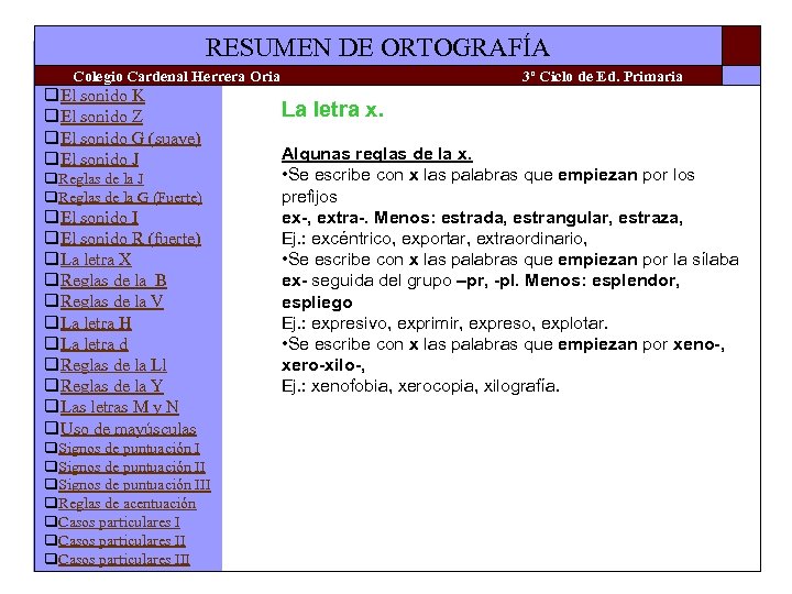 RESUMEN DE ORTOGRAFÍA Colegio Cardenal Herrera Oria q. El sonido K q. El sonido