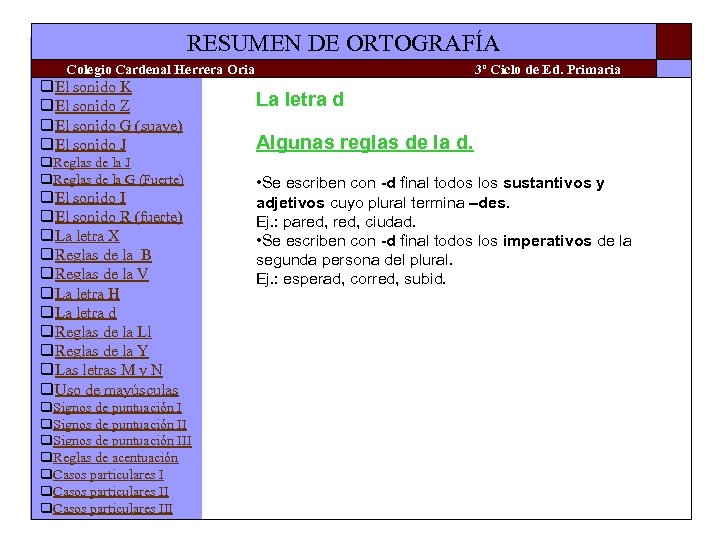 RESUMEN DE ORTOGRAFÍA Colegio Cardenal Herrera Oria q. El sonido K q. El sonido