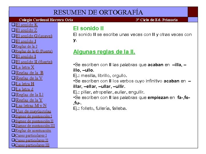 RESUMEN DE ORTOGRAFÍA Colegio Cardenal Herrera Oria q. El sonido K q. El sonido