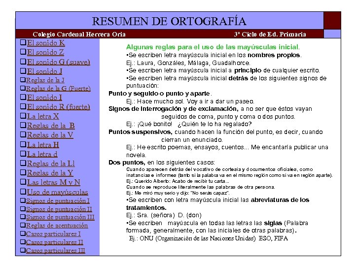 RESUMEN DE ORTOGRAFÍA Colegio Cardenal Herrera Oria q. El sonido K q. El sonido