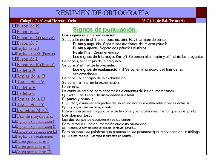 RESUMEN DE ORTOGRAFÍA Colegio Cardenal Herrera Oria q. El sonido K q. El sonido