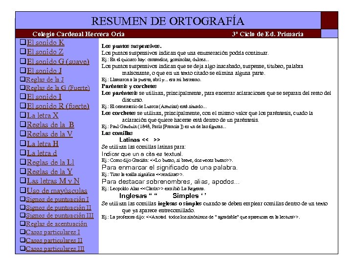 RESUMEN DE ORTOGRAFÍA Colegio Cardenal Herrera Oria q. El sonido K q. El sonido