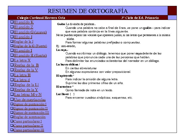 RESUMEN DE ORTOGRAFÍA Colegio Cardenal Herrera Oria q. El sonido K q. El sonido