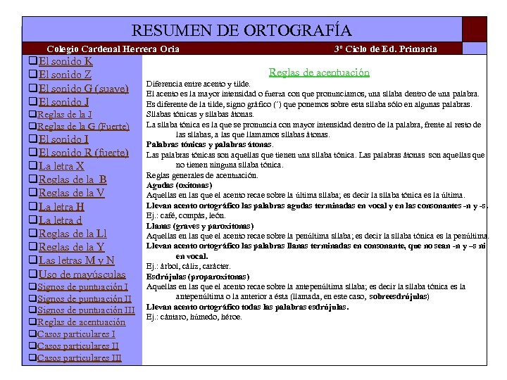 RESUMEN DE ORTOGRAFÍA Colegio Cardenal Herrera Oria q. El sonido K q. El sonido