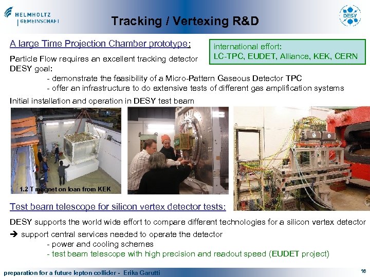 Tracking / Vertexing R&D A large Time Projection Chamber prototype: international effort: LC-TPC, EUDET,