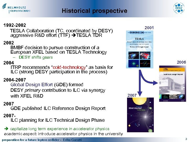 Historical prospective 1992 -2002 TESLA Collaboration (TC, coordinated by DESY) aggressive R&D effort (TTF)