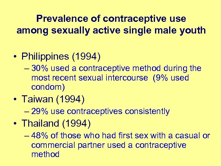 Prevalence of contraceptive use among sexually active single male youth • Philippines (1994) –
