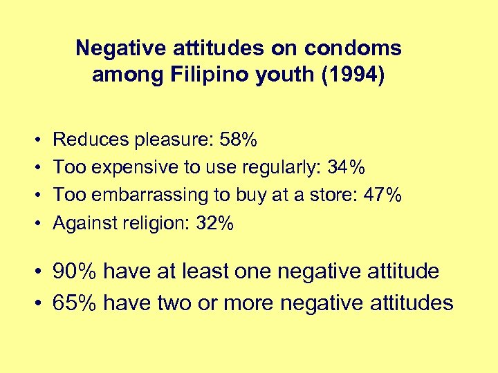 Negative attitudes on condoms among Filipino youth (1994) • • Reduces pleasure: 58% Too