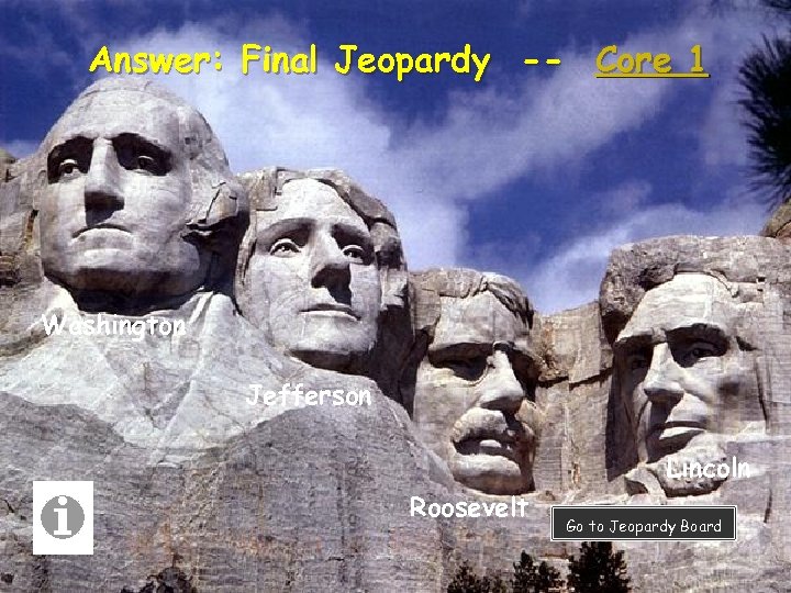 Answer: Final Jeopardy -- Core 1 Washington Jefferson Lincoln Roosevelt Go to Jeopardy Board