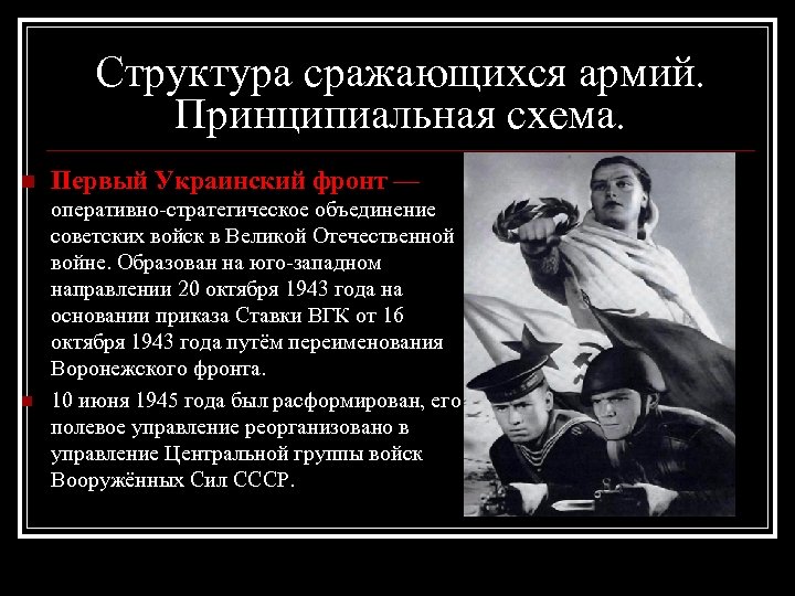 Структура сражающихся армий. Принципиальная схема. n n Первый Украинский фронт — оперативно-стратегическое объединение советских