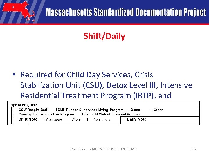 Shift/Daily • Required for Child Day Services, Crisis Stabilization Unit (CSU), Detox Level III,