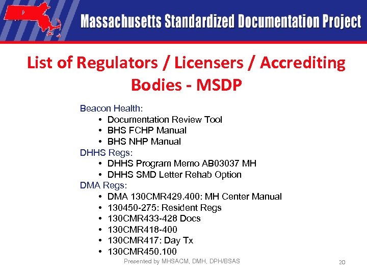 List of Regulators / Licensers / Accrediting Bodies - MSDP Beacon Health: • Documentation
