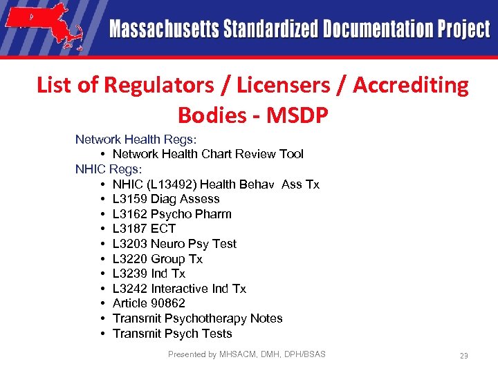 List of Regulators / Licensers / Accrediting Bodies - MSDP Network Health Regs: •