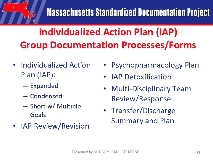 Individualized Action Plan (IAP) Group Documentation Processes/Forms • Individualized Action Plan (IAP): – Expanded