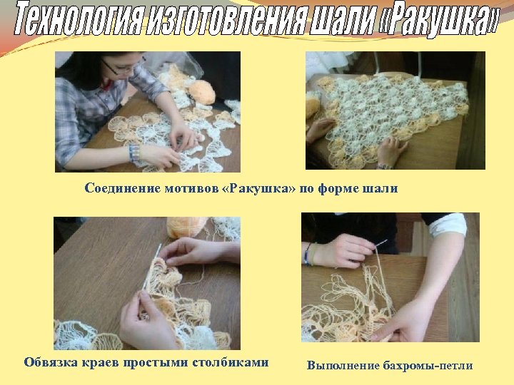Соединение мотивов «Ракушка» по форме шали Обвязка краев простыми столбиками Выполнение бахромы-петли 