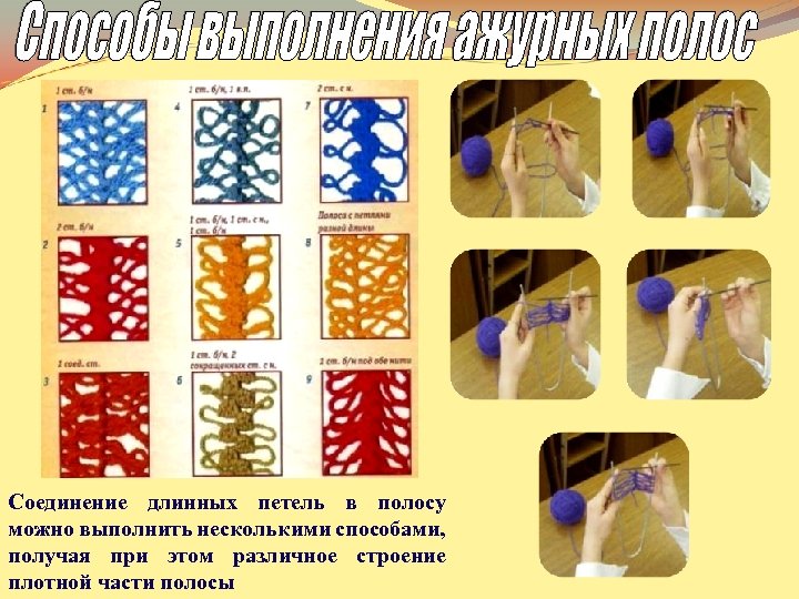 Соединение длинных петель в полосу можно выполнить несколькими способами, получая при этом различное строение