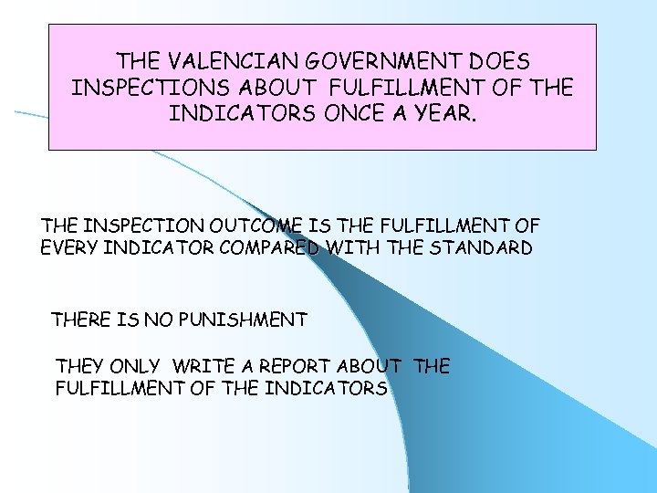 THE VALENCIAN GOVERNMENT DOES INSPECTIONS ABOUT FULFILLMENT OF THE INDICATORS ONCE A YEAR. THE
