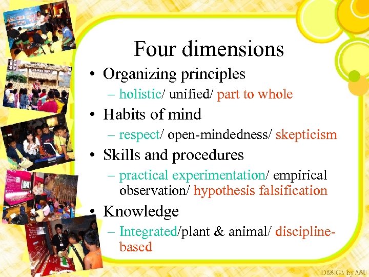 Four dimensions • Organizing principles – holistic/ unified/ part to whole • Habits of