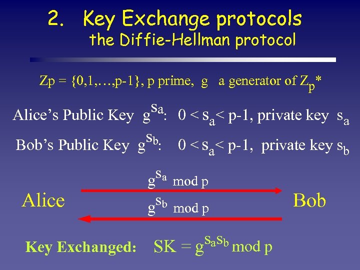2. Key Exchange protocols the Diffie-Hellman protocol Zp = {0, 1, …, p-1}, p