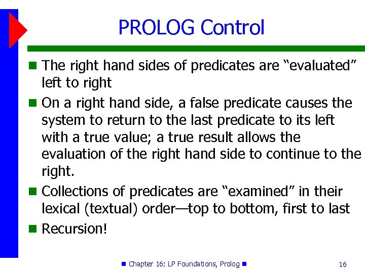 PROLOG Control The right hand sides of predicates are “evaluated” left to right On