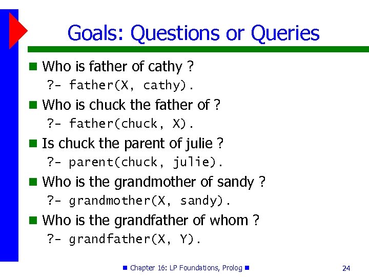 Goals: Questions or Queries Who is father of cathy ? ? - father(X, cathy).