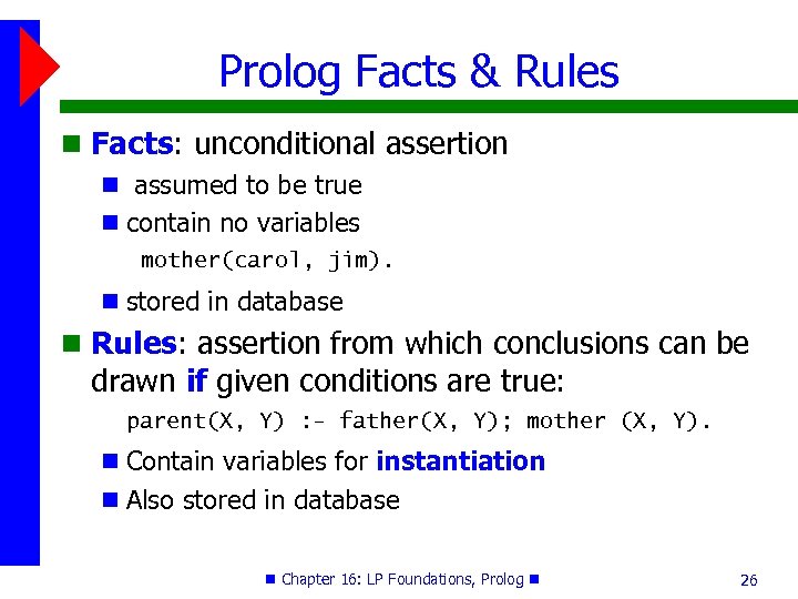 Prolog Facts & Rules Facts: unconditional assertion assumed to be true contain no variables