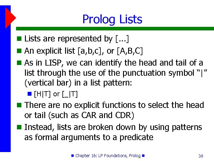 Prolog Lists are represented by [. . . ] An explicit list [a, b,