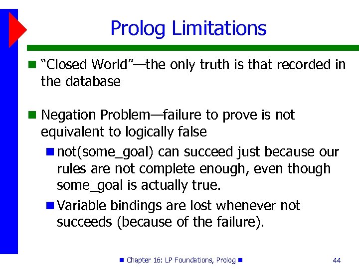 Prolog Limitations “Closed World”—the only truth is that recorded in the database Negation Problem—failure