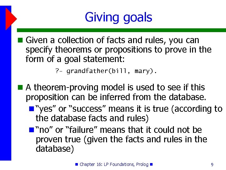 Giving goals Given a collection of facts and rules, you can specify theorems or