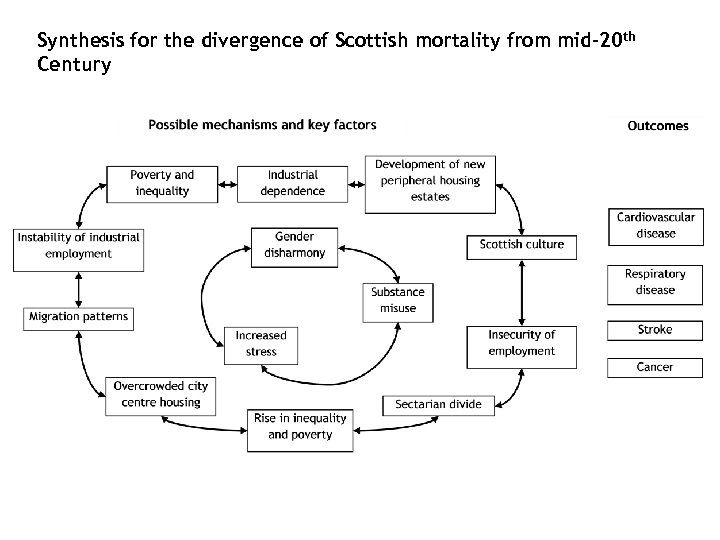 Synthesis for the divergence of Scottish mortality from mid-20 th Century 