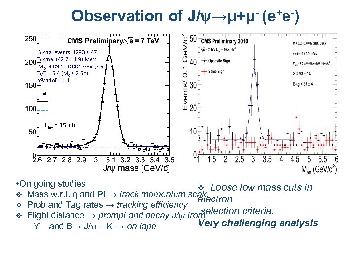 Observation of J/y→μ+μ- (e+e-) Signal events: 1230 ± 47 Sigma: (42. 7 ± 1.
