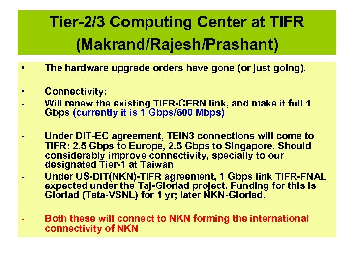 Tier-2/3 Computing Center at TIFR (Makrand/Rajesh/Prashant) • The hardware upgrade orders have gone (or