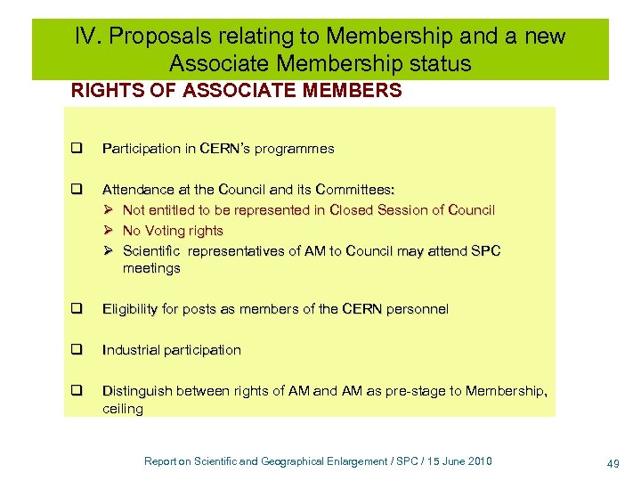 IV. Proposals relating to Membership and a new Associate Membership status RIGHTS OF ASSOCIATE