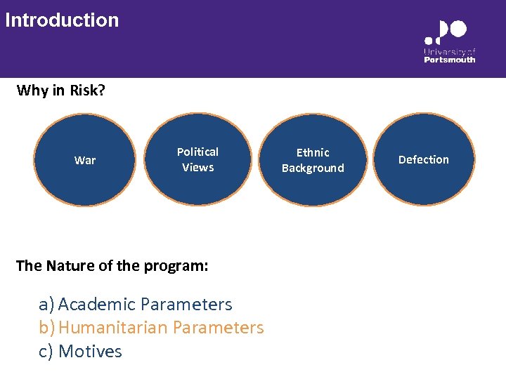 Introduction Why in Risk? War Political Views The Nature of the program: a) Academic