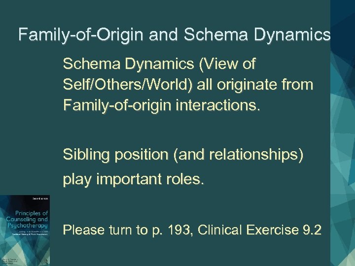 Family-of-Origin and Schema Dynamics (View of Self/Others/World) all originate from Family-of-origin interactions. Sibling position