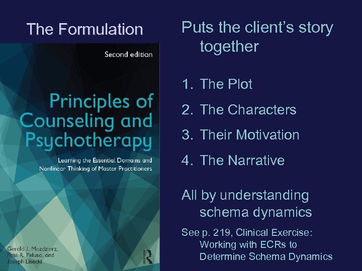 The Formulation Puts the client’s story together 1. The Plot 2. The Characters 3.