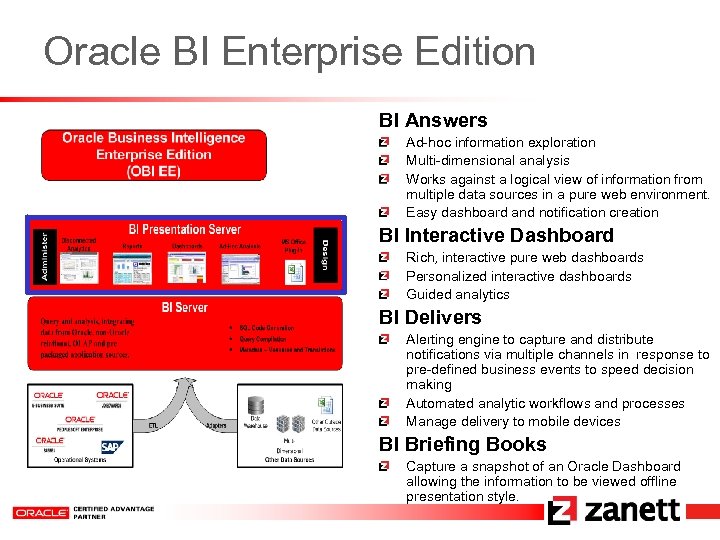 Oracle BI Enterprise Edition BI Answers Ad-hoc information exploration Multi-dimensional analysis Works against a