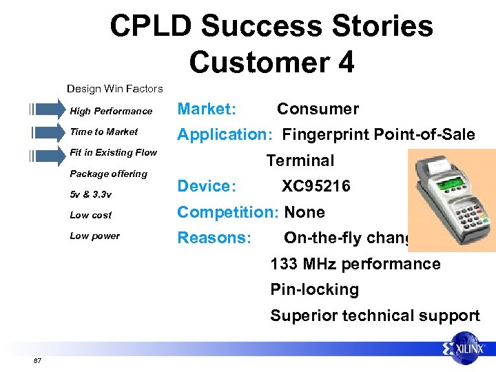 CPLD Success Stories Customer 4 Design Win Factors High Performance Market: Time to Market