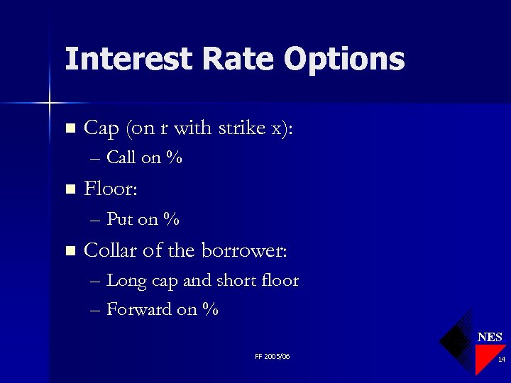 Interest Rate Options n Cap (on r with strike x): – Call on %