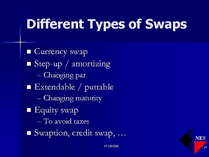 Different Types of Swaps Currency swap n Step-up / amortizing n – Changing par