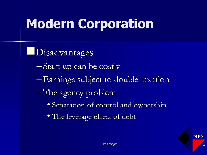 Modern Corporation n. Disadvantages – Start-up can be costly – Earnings subject to double